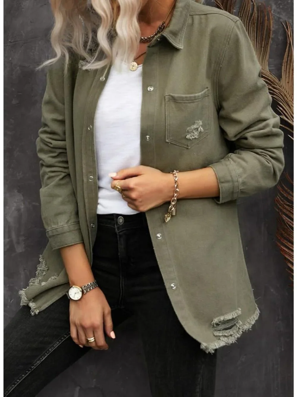 Women's Khaki Denim Button Down Oversized Distressed Boyfriend Jean Jacket